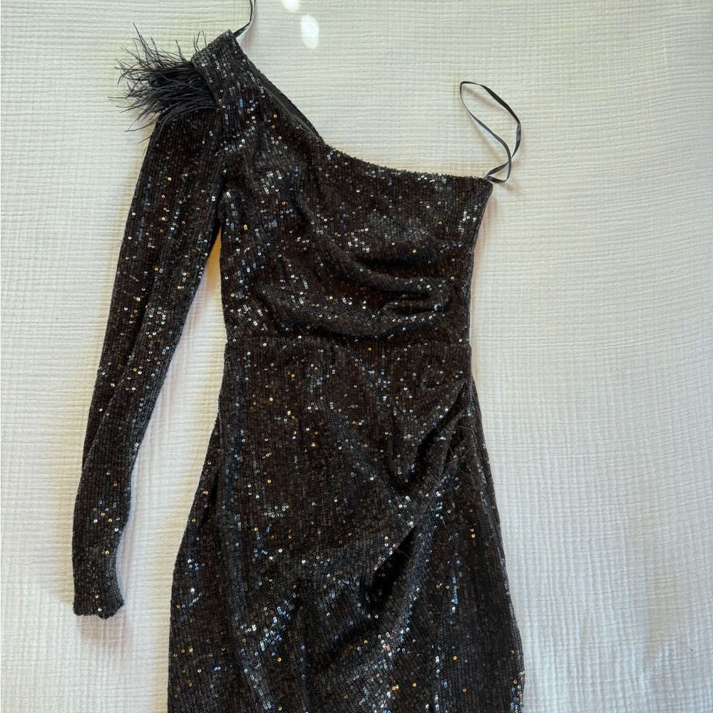 Windsor One-Shoulder Black Sequin Dress with Feather Detail